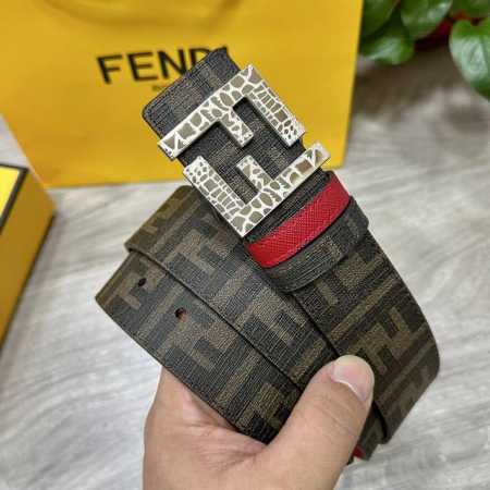 图片包装＋10 Fendi 芬迪 专柜同款 宽4.0Cm 双环正反用腰带 Ff按钉搭扣 红色Cuoio Romano皮革材质 反面面料带有烟草黄和黑色Ff图案 - 点击图像关闭