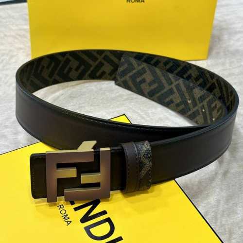 特 Fendi 芬迪 专柜同款 宽4.0Cm 双环正反用腰带 Ff按钉搭扣 双色cuoio Romano皮革材质 反面面料带有烟草黄和黑色ff图案 黑色珐琅金属