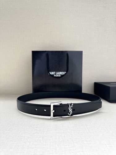 宽度3.0Cm Saint Laurent圣罗兰Ysl Monogram爆款粒面皮带搭配方扣窄腰带黑色女款