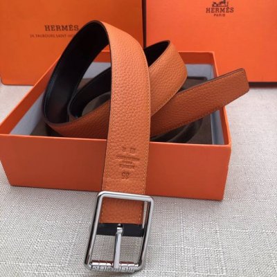 新款针扣 爱马仕原单货皮带 进口头层牛皮 荔枝纹 橙色 32Mm宽 双面可用 配官网滚轴扣