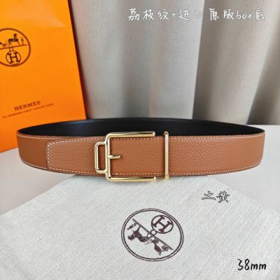 Hermè 爱马仕 双头尖 双面原版 原单品质 进口头层牛皮 土黄色荔枝纹搭配黑色平纹 寸半38Mm 配H官网新款金 银 黑扣