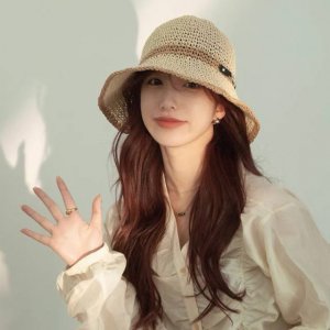 路易威登日系波浪边水钻渔夫帽手工钩针草帽女夏季防 晒镂空透气遮阳