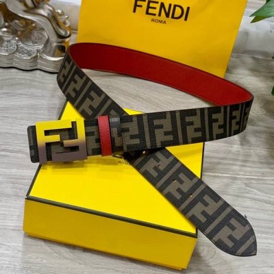 特 Fendi 芬迪 专柜同款 宽4.0Cm 双环正反用腰带 Ff按钉搭扣 红色Cuoio Romano皮革材质 反面面料带有烟草黄和黑色Ff图案 黑色珐琅金属
