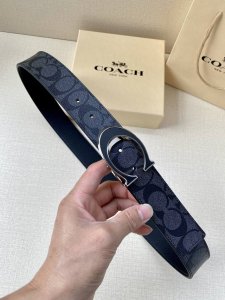 宽度3.8Cm Coach 这款双面腰带一面为经典标志帆布材质，另一面为精制皮革材质，配有标志性扣件，将两种外形合二为一。通过简单的说明，可用剪刀剪裁至完美合身
