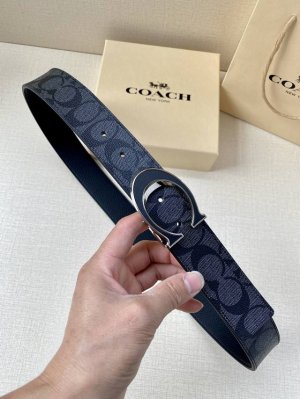 宽度3.8Cm Coach 这款双面腰带一面为经典标志帆布材质，另一面为精制皮革材质，配有标志性扣件，将两种外形合二为一。通过简单的说明，可用剪刀剪裁至完美合身
