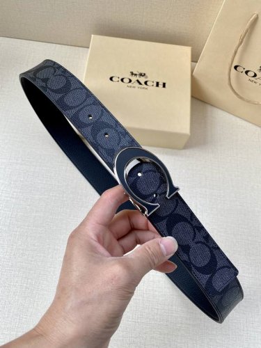 宽度3.8Cm Coach 这款双面腰带一面为经典标志帆布材质，另一面为精制皮革材质，配有标志性扣件，将两种外形合二为一。通过简单的说明，可用剪刀剪裁至完美合身