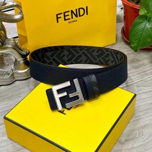 Fendi芬迪专柜同款 宽4.0Cm 双环正反用腰带 Ff按钉搭扣 Cuoio Romano皮革材质 反面面料带有烟草黄和黑色Ff图案 黑色珐琅金属饰面 时尚经