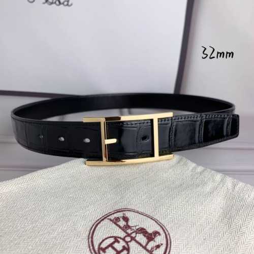 HermèS 爱马仕针扣皮带 原单品质 头层牛皮 黑色鳄鱼纹搭配黑色平纹 32Mm宽 双面可用 配官网H亮金 亮银扣