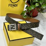 Fendi 芬迪 专柜同款 宽4.0Cm 双环正反用腰带 Ff按钉搭扣 土黄Cuoio Romano皮革材质 反面面料带有烟草黄和黑色Ff图案 四方金属饰面 时