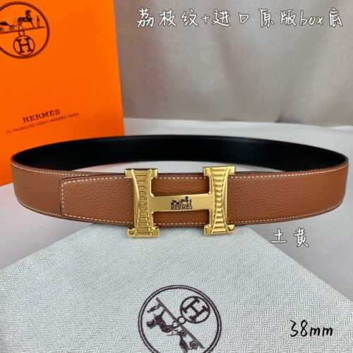 HermèS爱马仕 双头尖 双面原版 原单品质 进口头层牛皮 土黄色荔枝纹搭配黑色平纹 寸半38Mm 配优质纯钢H 花纹金 银扣