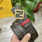图片包装＋10 Fendi 芬迪 专柜同款 宽4.0Cm 双环正反用腰带 Ff按钉搭扣 红色Cuoio Romano皮革材质 反面面料带有烟草黄和黑色Ff图案