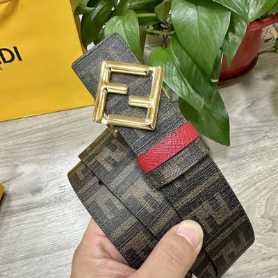 图片包装＋10 Fendi 芬迪 专柜同款 宽4.0Cm 双环正反用腰带 Ff按钉搭扣 红色Cuoio Romano皮革材质 反面面料带有烟草黄和黑色Ff图案