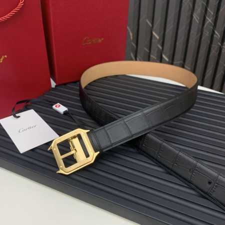 镀钯饰面针扣式皮带，“Cartier”标识。黑色尼罗河鳄鱼皮皮带，浮雕“Cartier”标识。尺寸：宽35毫米 - 点击图像关闭