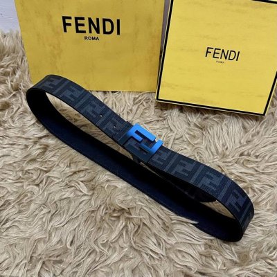 Fendi 芬迪 全套包装 专柜同款 宽4.0Cm 双环正反用腰带 Ff按钉搭扣 黑色Cuoio Romano皮革材质 反面面料带有烟草黄和黑色Ff图案 四方金