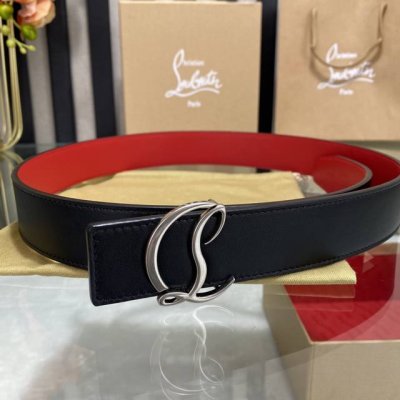 3.5宽christian Louboutin 男士ricky标志性徽标搭扣黑色腰带红色底，双面牛皮。