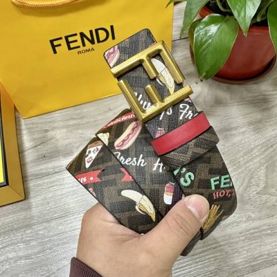 图片包装＋10 Fendi 芬迪 专柜同款 宽4.0Cm 双环正反两面用腰带 Ff按钉搭扣 红色Cuoio Romano皮革材质 反面棕色Ff帆布 饰有拼色Fe