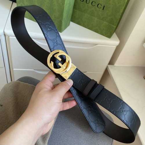 特 Gucci -古驰 宽： 3.7Cm 意大利原厂压花皮 黑咖双面可用 精品纯铜旋转扣 。