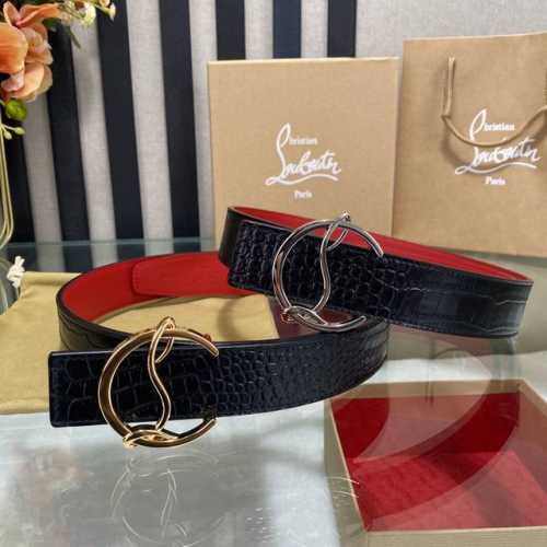 特 3.5宽christian Louboutin 男士ricky标志性徽标搭扣黑色腰带红色底，双面牛皮。
