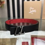 特 3.5宽Christian Louboutin 男士Ricky标志性徽标搭扣黑色腰带红色底，双面牛皮。