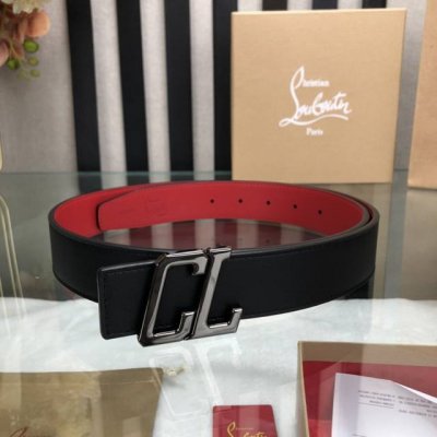 特 3.5宽Christian Louboutin 男士Ricky标志性徽标搭扣黑色腰带红色底，双面牛皮。