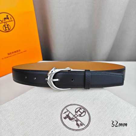 HermèS 爱马仕针扣 原单品质 进口头层牛皮 进口黑色平纹搭配进口土黄平纹底 32Mm宽 双面可用 配官网新款H亮金 亮银扣 - 点击图像关闭