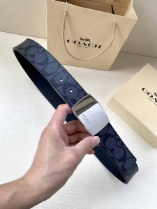 宽度3.8Cm Coach 这款双面腰带一面为经典标志帆布材质，另一面为精制皮革材质，配有标志性扣件，将两种外形合二为一。通过简单的说明，可用剪刀剪裁至完美合身
