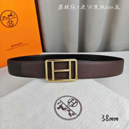 Hermè 爱马仕 双头尖 双面原版 原单品质 进口头层牛皮 咖啡色荔枝纹搭配黑色平纹 寸半38Mm 配官网H精钢金 银扣 - 点击图像关闭