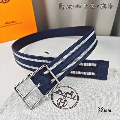 HermèS 爱马仕 新款针扣皮带 原单品质 原版Esom小牛皮搭配帆布材质 深蓝色 38Mm宽 配官网亮金 亮银扣 可翻转五金两面可用