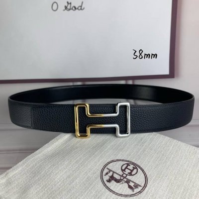 HermèS爱马仕 双头尖 双面原版 原单品质 进口头层牛皮 黑色荔枝纹搭配黑色平纹 寸半38Mm 配官网H 金银间色纯钢扣