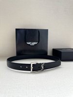 特 宽度3.0Cm Saint Laurent圣罗兰ysl Monogram爆款粒面皮带搭配方扣窄腰带黑色女款