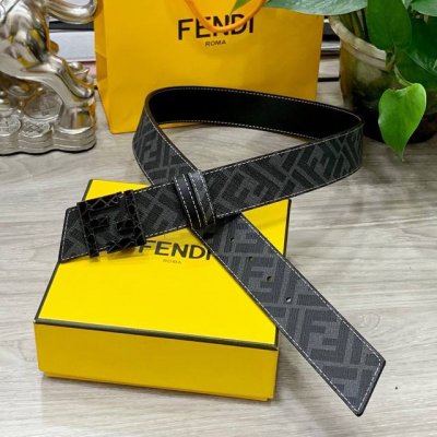 Fendi 芬迪 专柜同款 宽4.0Cm 双环正反用腰带 Ff按钉搭扣 双色cuoio Romano皮革材质 反面面料带有烟草黄和黑色ff图案 黑色珐琅金属饰面