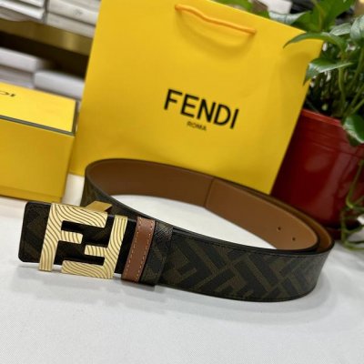 特 Fendi芬迪专柜同款 宽4.0Cm 双环正反用腰带 Ff按钉搭扣 土黄Cuoio Romano皮革材质 反面面料带有烟草黄和黑色Ff图案 四方金属饰面 时