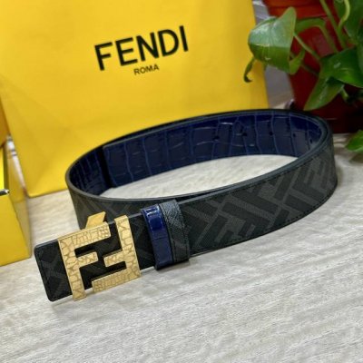 Fendi 芬迪 专柜同款 宽4.0Cm 双环正反用腰带 Ff按钉搭扣 兰色Cuoio Romano皮革材质 反面面料带有烟草黄和黑色Ff图案 四方金属饰面 时