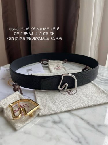特 Hermes-Boucle De Ceinture Tete De Cheval & Cuir De Ceinture Reversible 38Mm