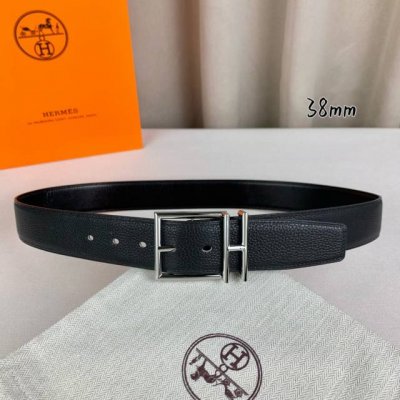 HermèS 爱马仕针扣 原单品质 进口头层牛皮 黑色荔枝纹搭配黑色平纹 38Mm宽 双面可用 配官网H亮银 亮金扣