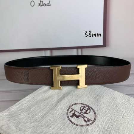 HermèS爱马仕 双头尖 双面原版 原单品质 进口头层牛皮 咖啡色荔枝纹搭配黑色平纹 寸半38Mm 配官网 H马拉车雕纹金 银钢扣 - 点击图像关闭