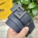 图片包装＋10 Fendi 芬迪 专柜同款 宽4.0Cm 双环正反用腰带 Ff按钉搭扣 深蓝色Cuoio Romano皮革材质 反面面料带有烟草黄和黑色Ff图案