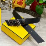Fendi 芬迪 专柜同款 宽4.0Cm 双环正反用腰带 Ff按钉搭扣 黑色cuoio Romano皮革材质 反面面料带有烟草黄和黑色ff图案 黑色珐琅金属饰面