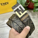 图片包装＋10 Fendi 芬迪 专柜同款 宽4.0Cm 双环正反用腰带 Ff按钉搭扣 咖啡色Cuoio Romano皮革材质 反面面料带有烟草黄和黑色Ff图案
