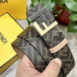 图片包装＋10 Fendi 芬迪 专柜同款 宽4.0Cm 双环正反用腰带 Ff按钉搭扣 土黄色Cuoio Romano皮革材质 反面面料带有烟草黄和黑色Ff图案