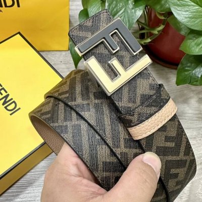 图片包装＋10 Fendi 芬迪 专柜同款 宽4.0Cm 双环正反用腰带 Ff按钉搭扣 土黄色Cuoio Romano皮革材质 反面面料带有烟草黄和黑色Ff图案