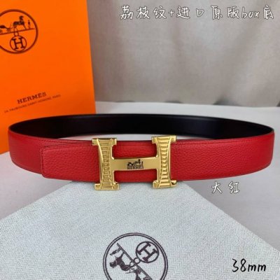 HermèS爱马仕 双头尖 双面原版 原单品质 进口头层牛皮 大红色荔枝纹搭配黑色平纹 寸半38Mm 配优质纯钢H 花纹金 银扣