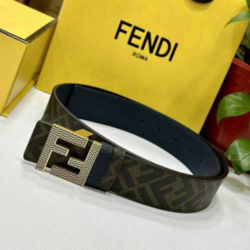 特 Fendi芬迪专柜同款 宽4.0Cm 双环正反用腰带 Ff按钉搭扣 深兰色Cuoio Romano皮革材质 反面面料带有烟草黄和黑色Ff图案 四方金属饰面