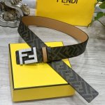 Fendi 芬迪 专柜同款 宽4.0Cm 双环正反用腰带 Ff按钉搭扣 土黄色Cuoio Romano皮革材质 反面面料带有烟草黄和黑色Ff图案 黑色珐琅金属饰