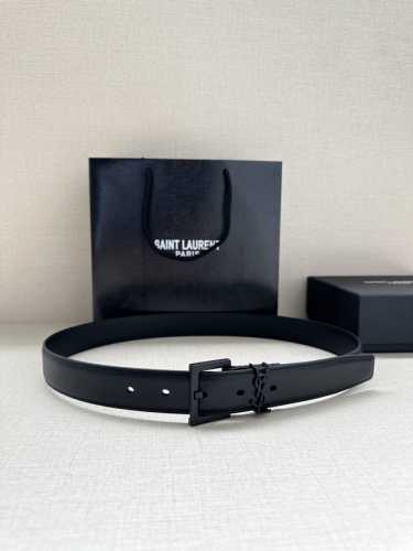 特 宽度3.0Cm Saint Laurent圣罗兰Ysl Monogram爆款粒面皮带搭配方扣窄腰带黑色女款