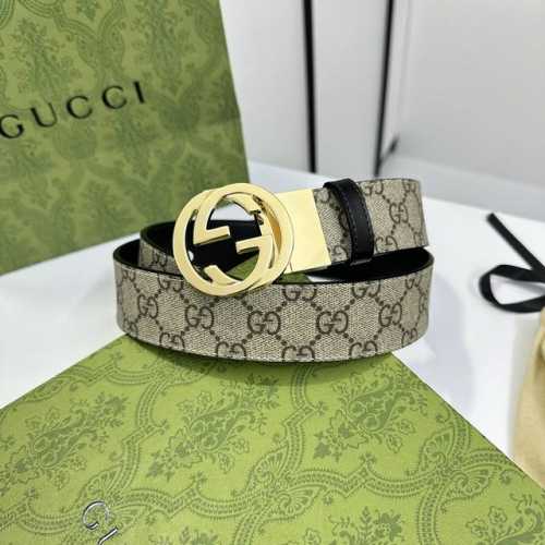 特 Gucci 473030 Kgdhhn 乌木色Supreme Pvc老花 小牛皮黑底 宽度3.7Cm 圆双G旋转扣 双面可用 可裁剪