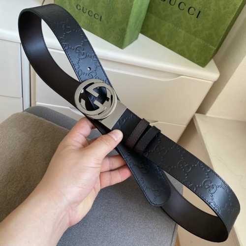 特 Gucci -古驰 宽： 3.7Cm 意大利原厂压花皮 黑咖双面可用 精品纯铜旋转扣 。