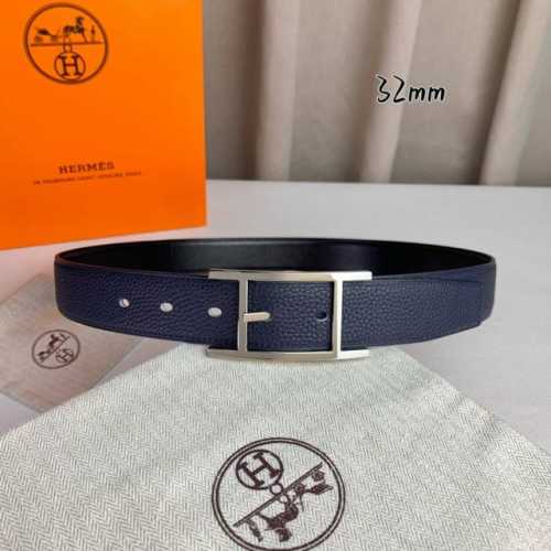 HermèS 爱马仕针扣 原单品质 进口头层牛皮 深蓝色荔枝纹搭配黑色平纹 32Mm宽 双面可用 配官网H亮金 亮银扣