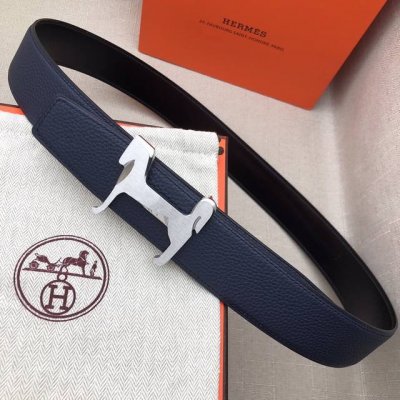 H家双头尖 双面原版 原单品质 进口头层牛皮 深蓝色荔枝纹搭配黑色平纹 寸半38Mm 配h小马金 银扣