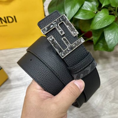 图片包装＋10 Fendi 芬迪 专柜同款 宽4.0Cm 双环正反用腰带 Ff按钉搭扣 黑色Cuoio Romano皮革材质 反面面料带有烟草灰和黑色Ff图案